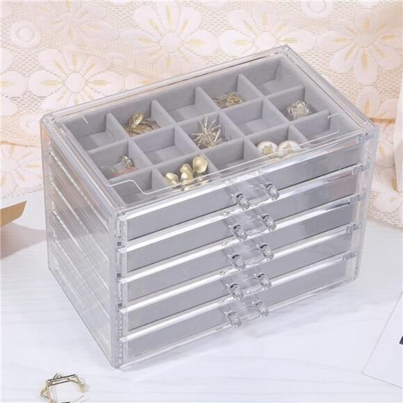 Earring Jewelry Organizer Acrylic Box 5 Drawers Velvet Display Holder Gray Women - Picture 6 of 7